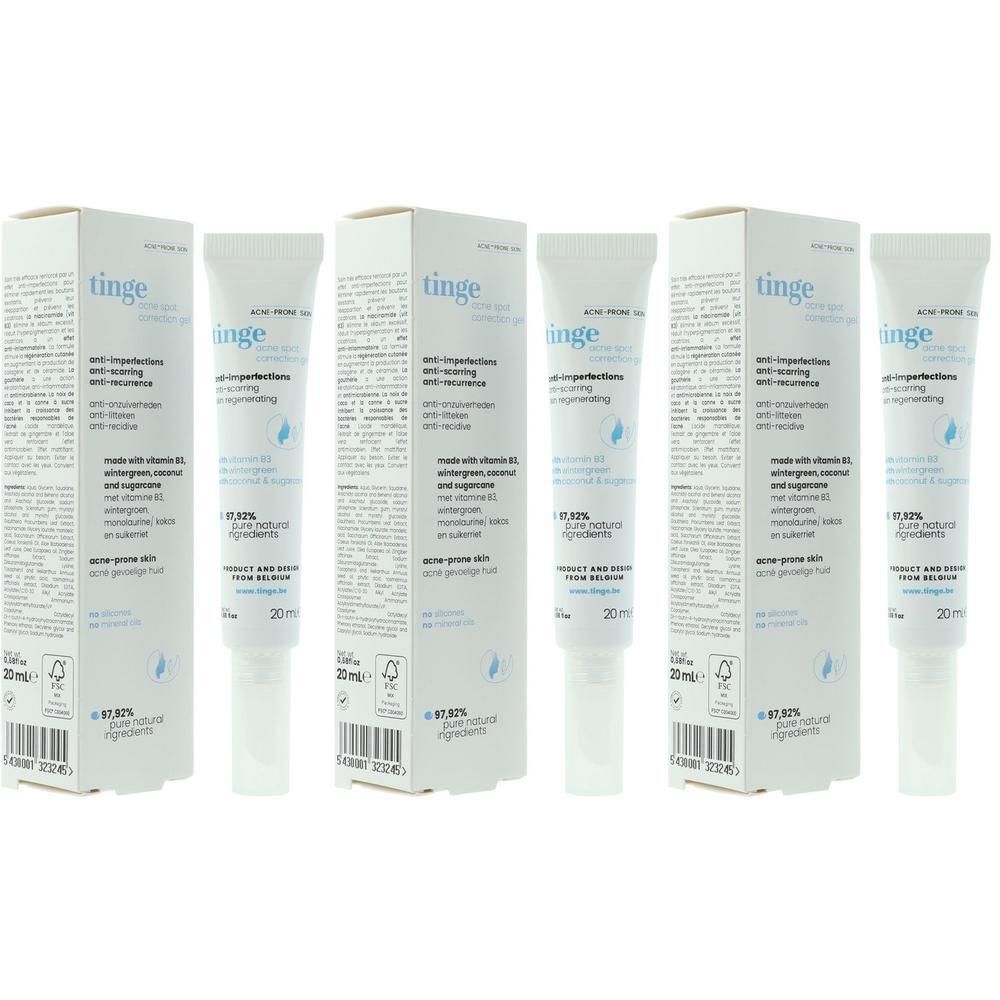 Cinq tubes de gel Tinge pour correction ciblée de l'acné dans leurs boîtes.