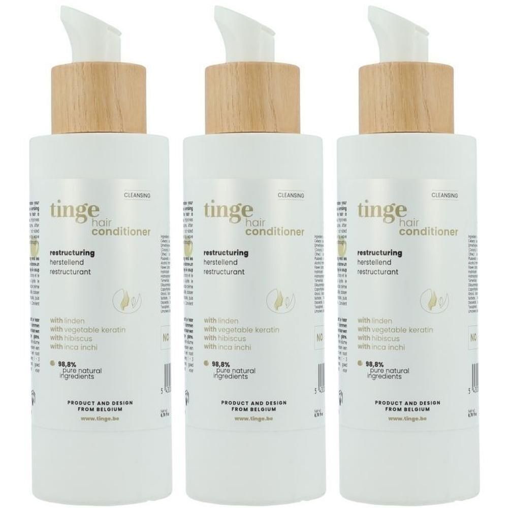 Drie witte flessen Tinge Haarconditioner met pompdos en houten dop.