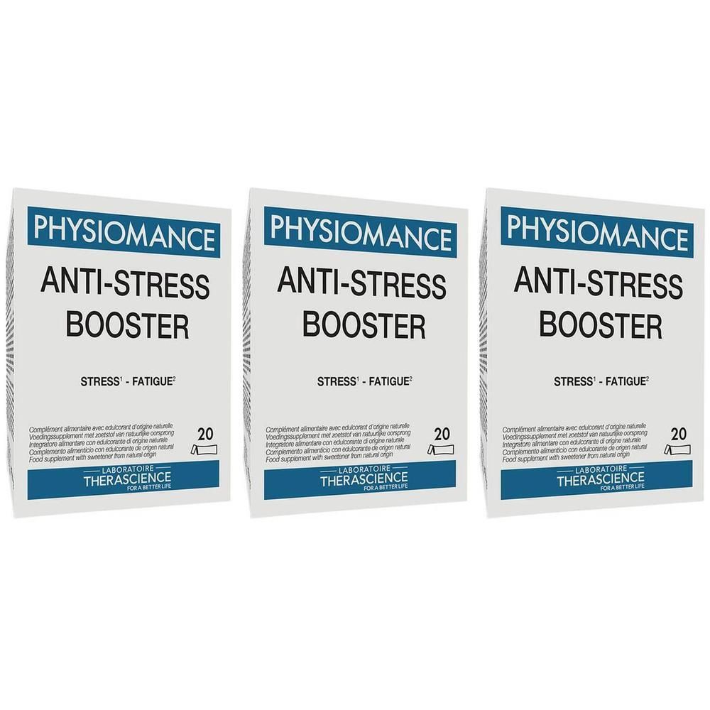 Drie pakken Physiomance Anti-Stress Booster, 20 zakjes per pak.