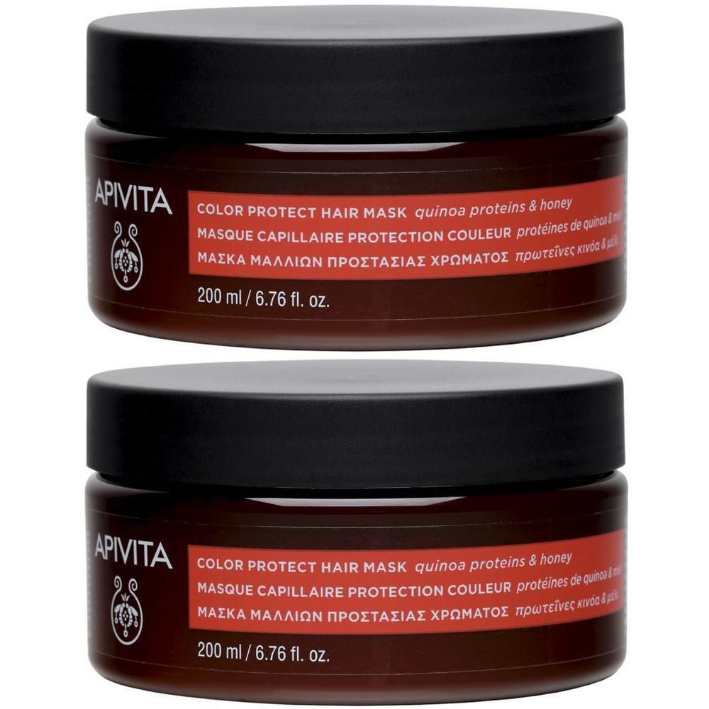 Deux masques capillaires Apivita protection couleur, protéines de quinoa et miel.