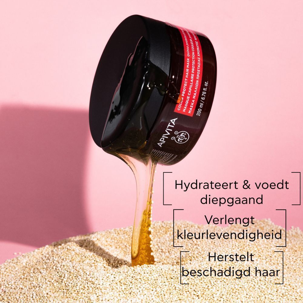 Apivita haarmasker met quinoa-eiwitten en honing, hydrateert en beschermt de kleur.