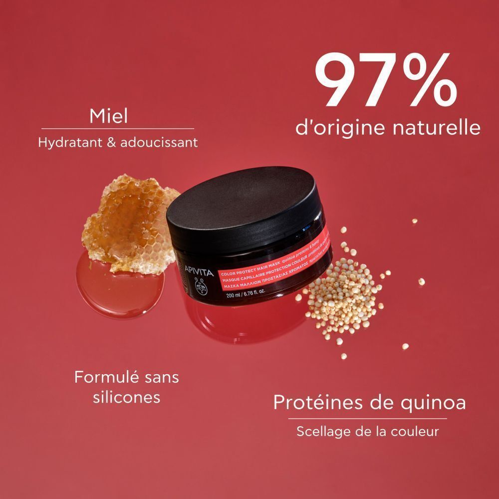 Masque capillaire Apivita : 97% d'origine naturelle, miel, protéines de quinoa.
