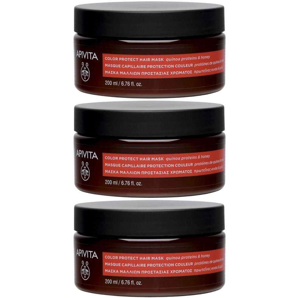 Trois pots de Masque Capillaire Apivita Protéines de Quinoa & Miel, 200 ml.