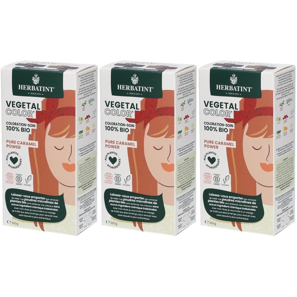 Drie pakken Herbatint Vegetal Color, 100% Bio, Pure Caramel Power. Vegan plantaardige haarkleuring.