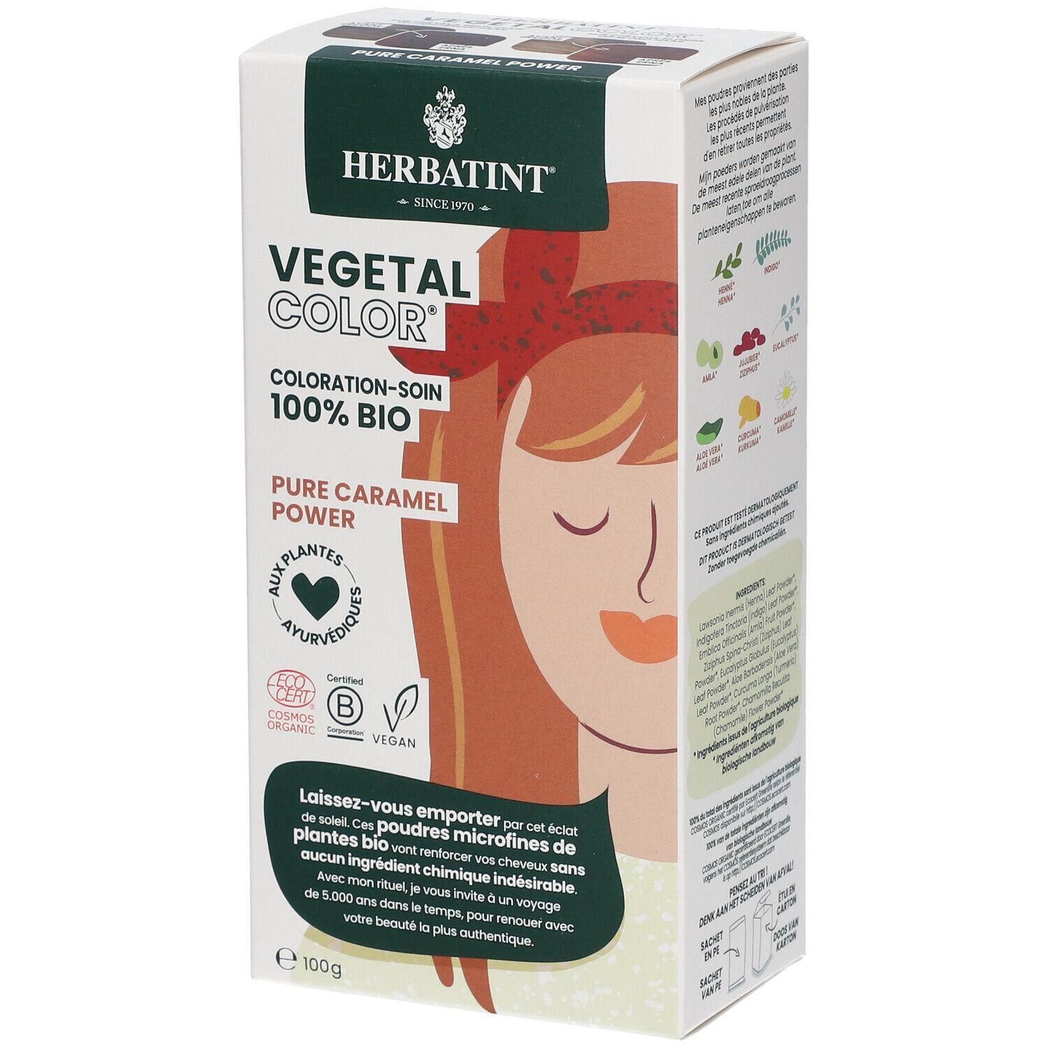Herbatint Vegetal Color Pure Caramel Power, 100g verpakking met vegan en bio certificering.