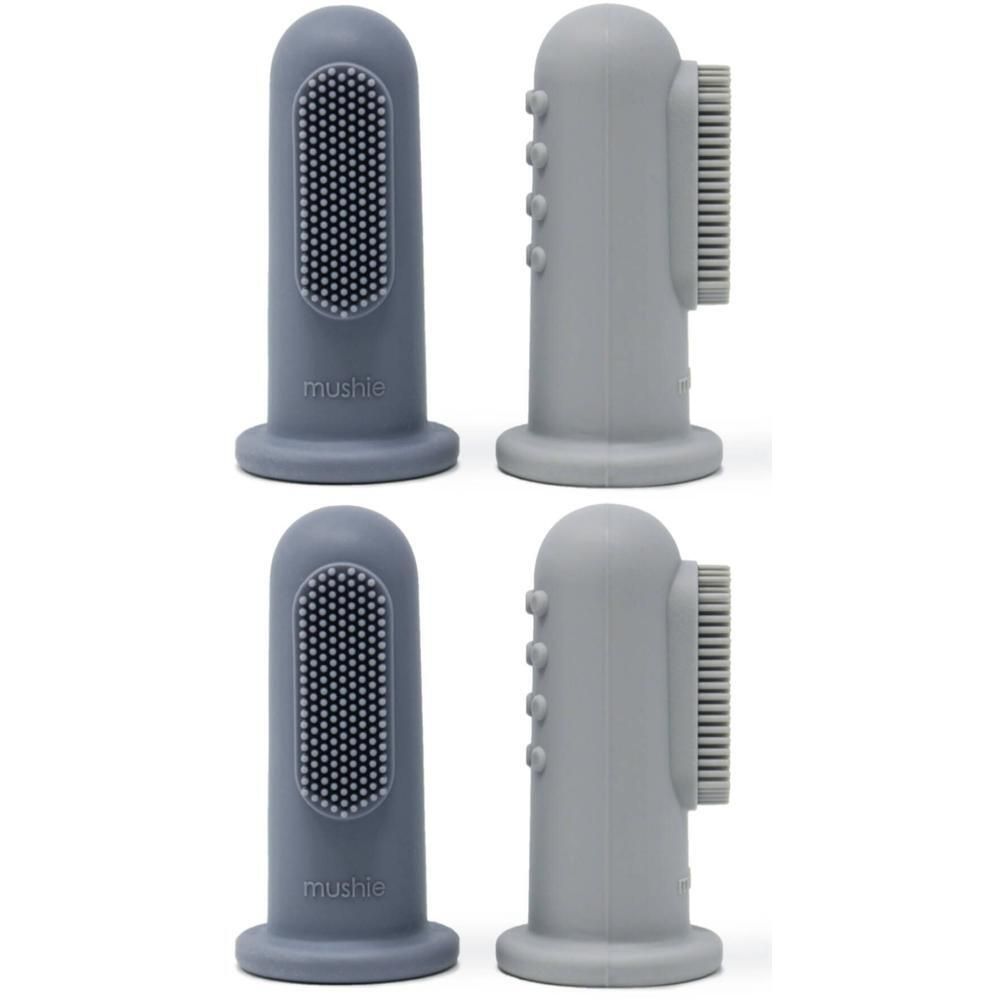 Twee grijze siliconen vinger-tandenborstels met noppen en borstels.