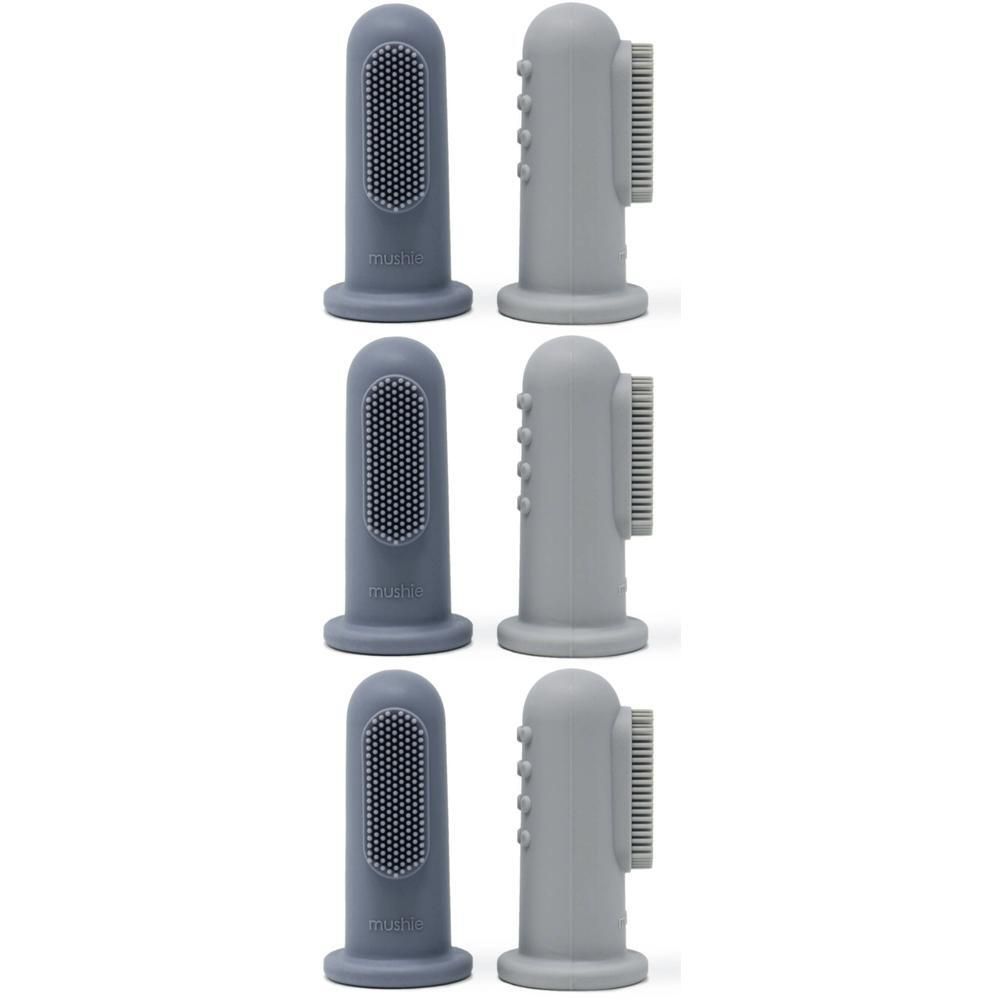 Twee grijze en lichtgrijze vinger-tandenborstels met noppen en borstels.