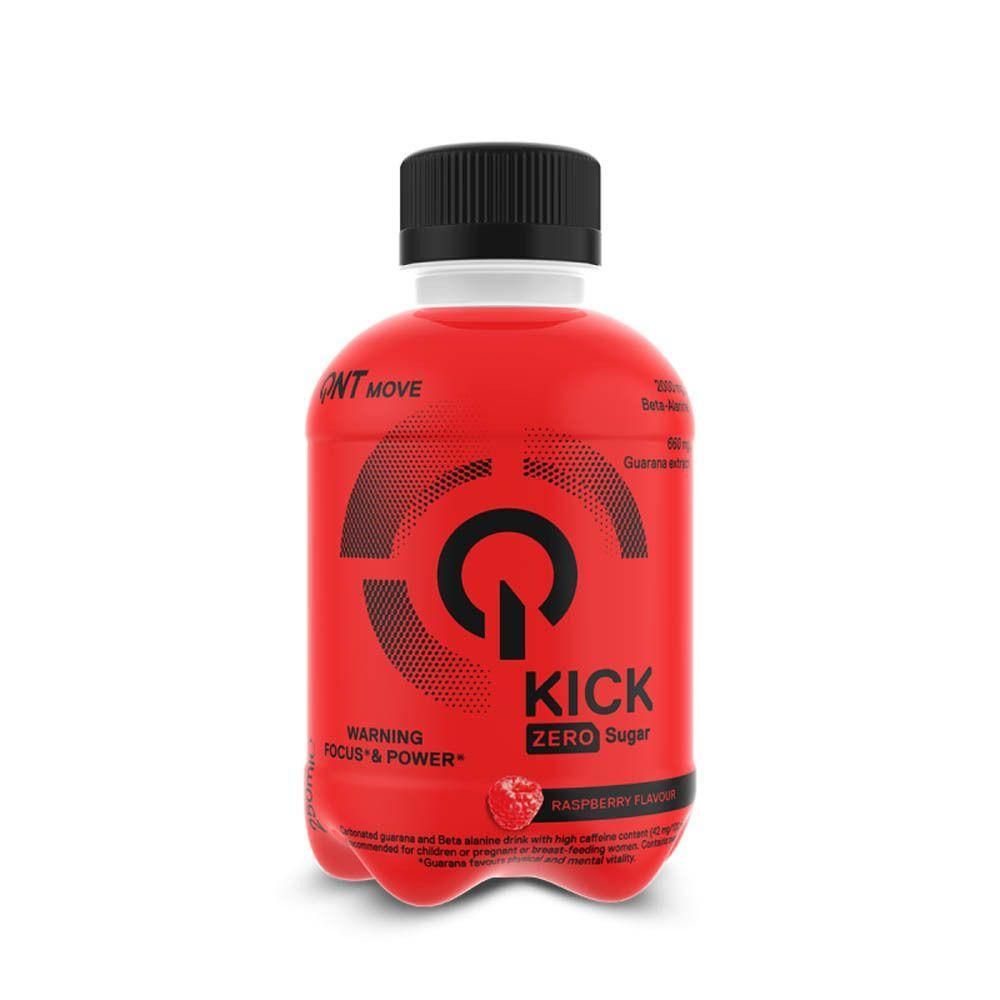 Rode fles met zwarte dop, QNT Kick Zero Sugar frambozensmaak.