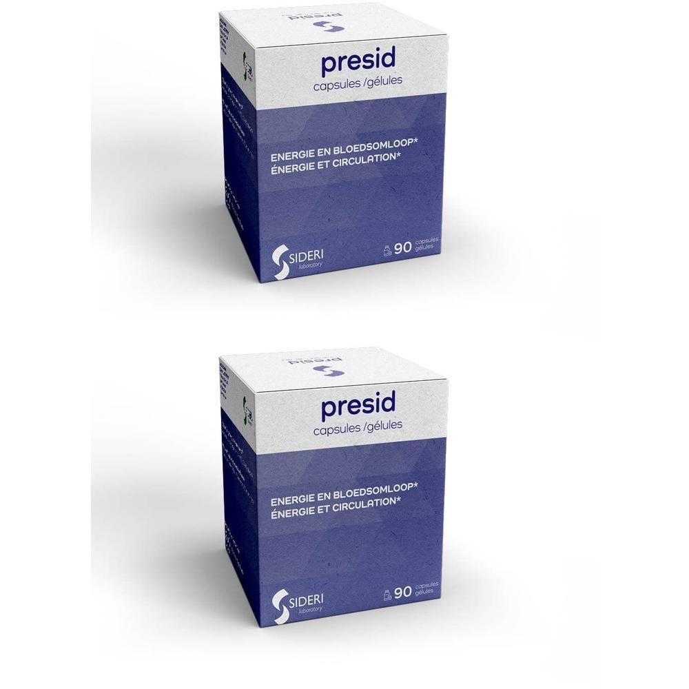 Deux boîtes de capsules Presid, 90 unités. Texte : Énergie et circulation.