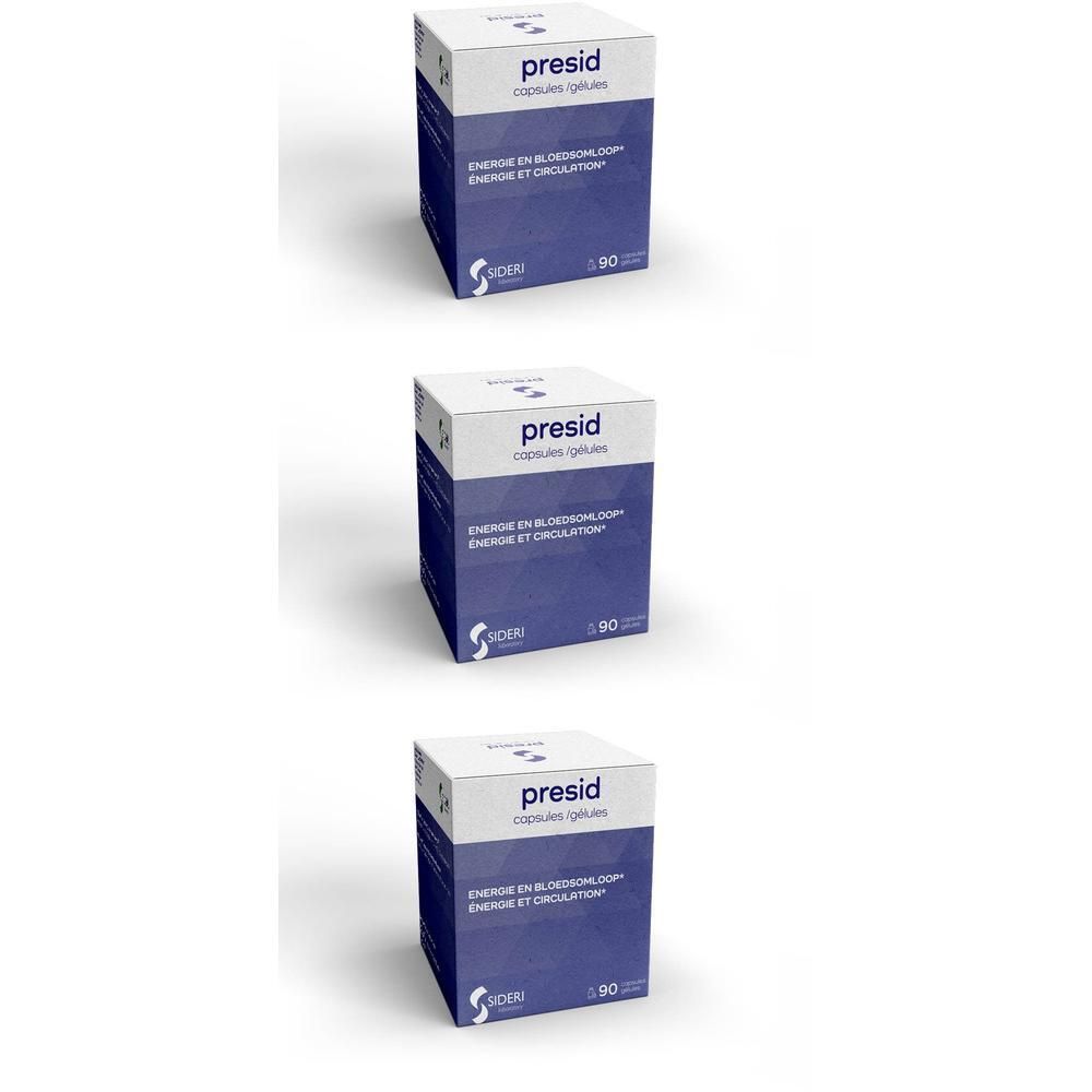 Drie dozen Presid capsules, blauw en wit, met 90 capsules.