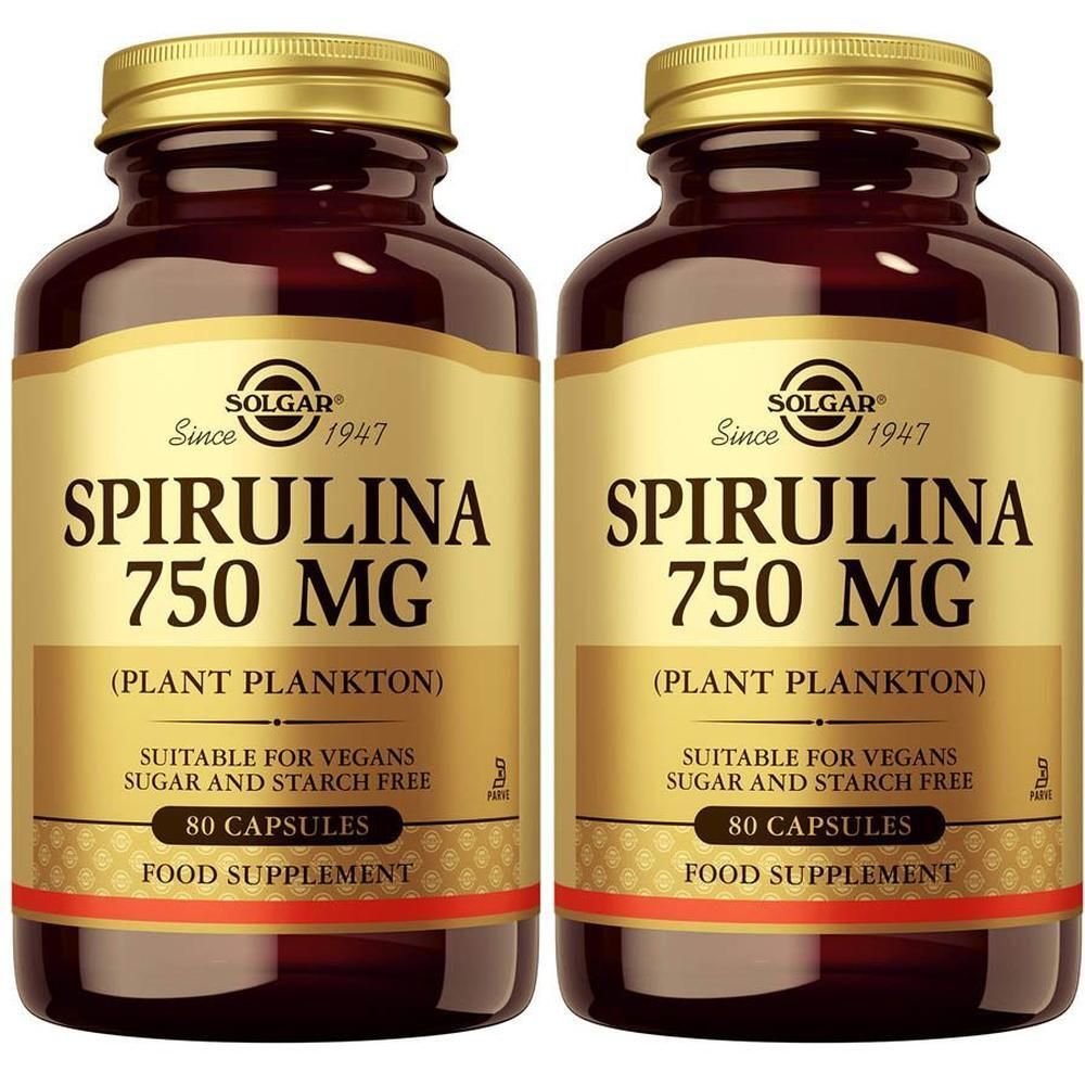 Twee flessen Solgar Spirulina 750 mg, 80 capsules, voedingssupplement.