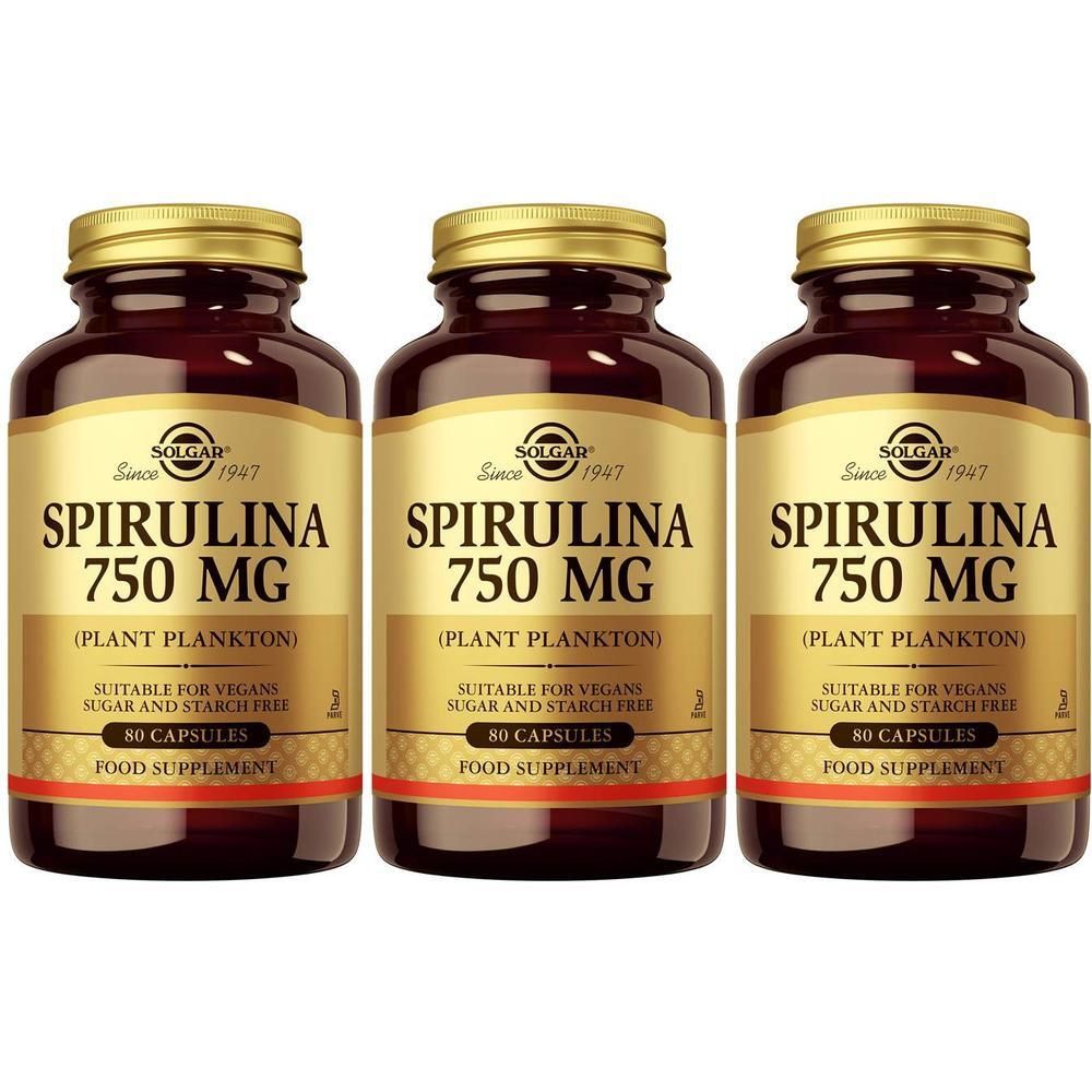 Drie flessen Solgar Spirulina 750 mg, voedingssupplement met 80 capsules.