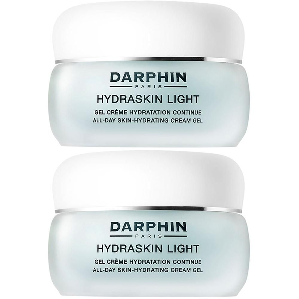 Twee Darphin Hydraskin Light potjes met witte deksel en lichtblauwe body.