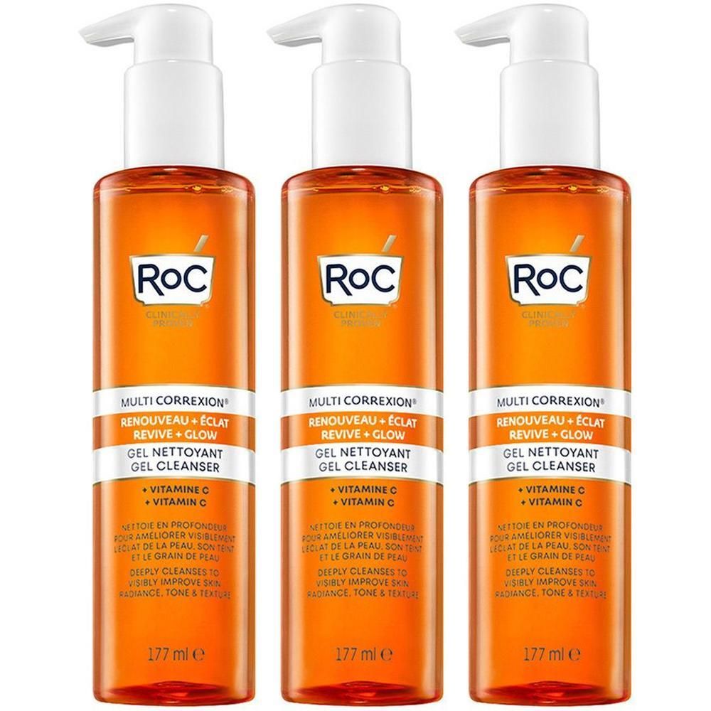 Trois flacons de RoC Multi Correxion Revive + Glow Gel Cleanser avec distributeurs à pompe.