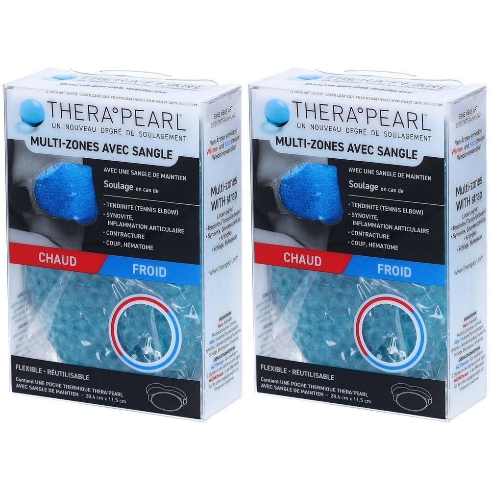 Deux paquets Thera°Pearl Multi-Zones avec sangle. Poches de gel bleues pour chaud et froid.