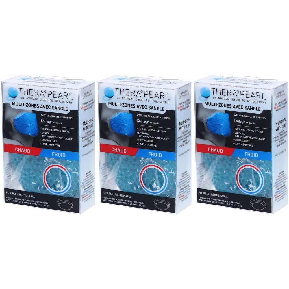 Drie verpakkingen Thera°Pearl Multi-Zones met band. Blauwe parels in doorzichtige verpakking.