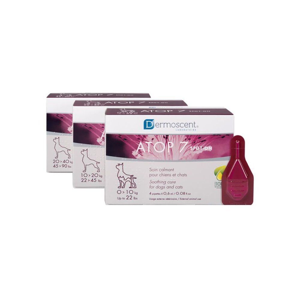 Trois boîtes Dermoscent ATOP 7 Spot-On et une pipette individuelle.