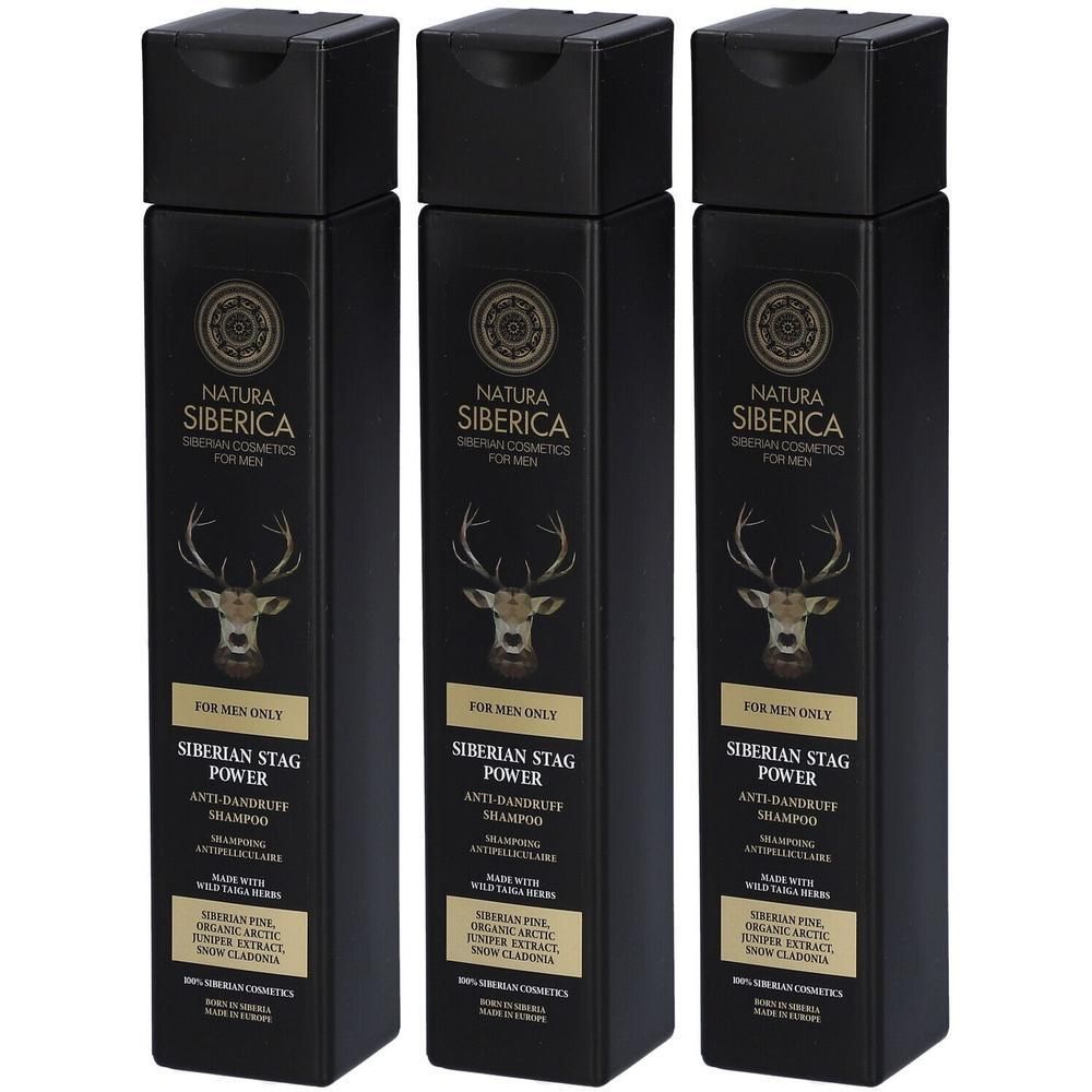 Drie zwarte flessen Natura Siberica "Siberian Stag Power" anti-roos shampoo voor mannen.