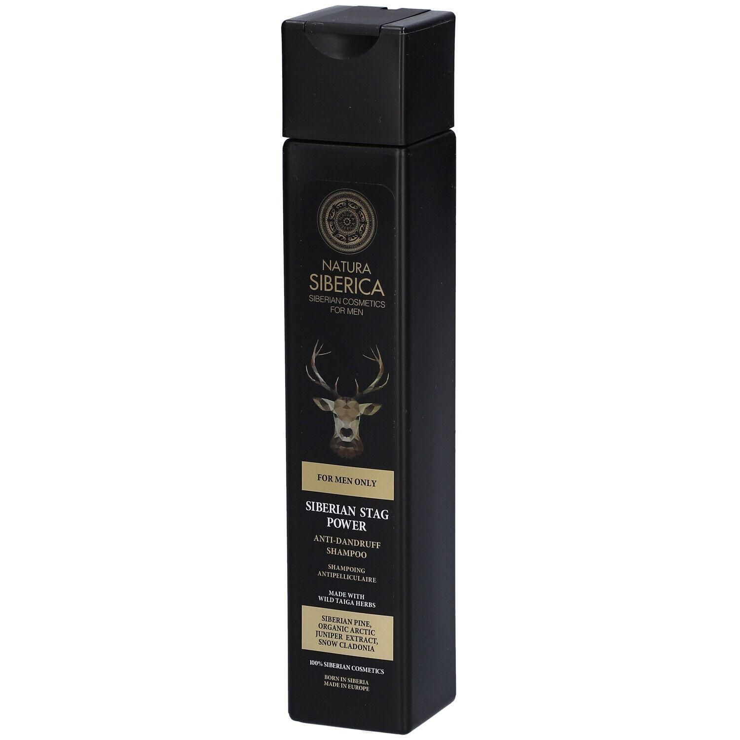 Bouteille noire Natura Siberica Siberian Stag Power Shampooing Anti-Pelliculaire pour Hommes.