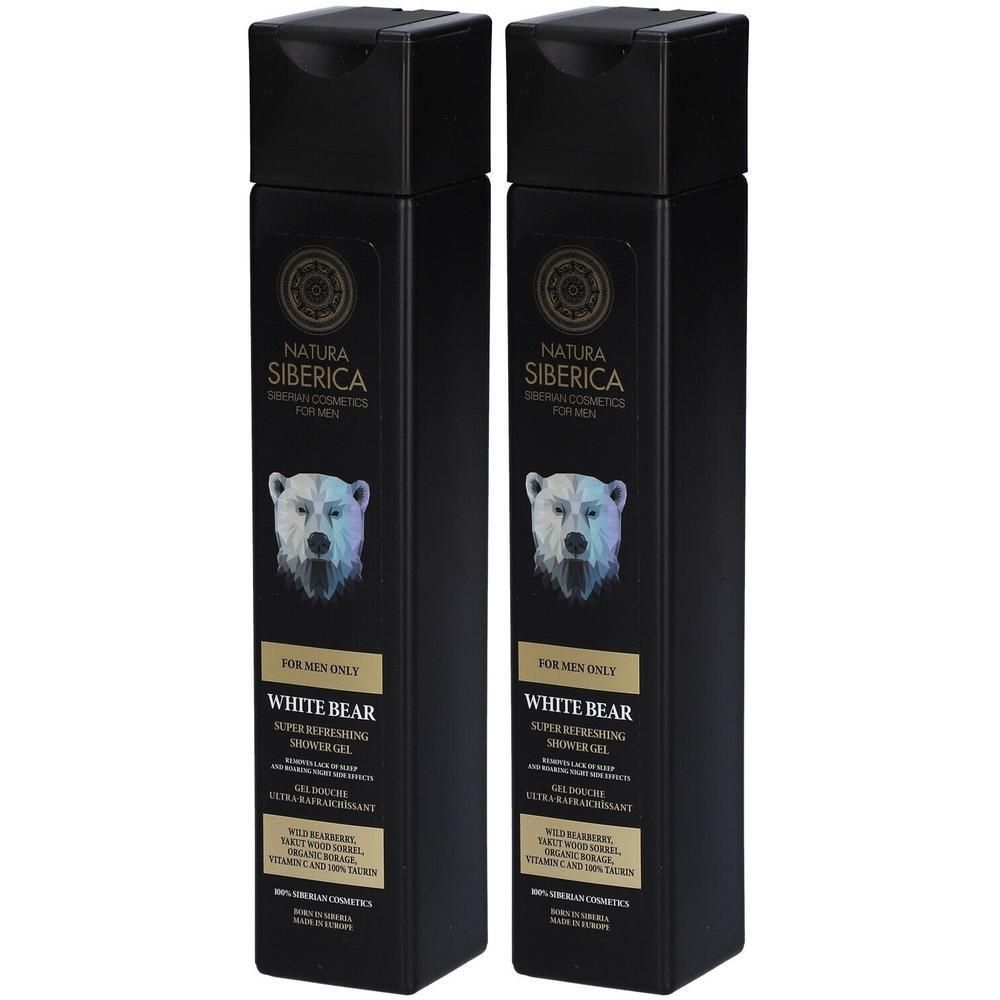 Deux flacons noirs de gel douche Natura Siberica White Bear pour hommes.
