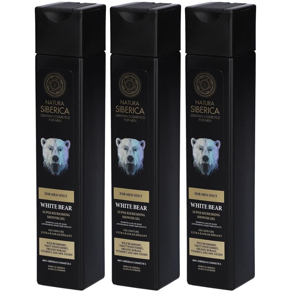 Drie zwarte flessen Natura Siberica White Bear Super verfrissende douchegel voor mannen.