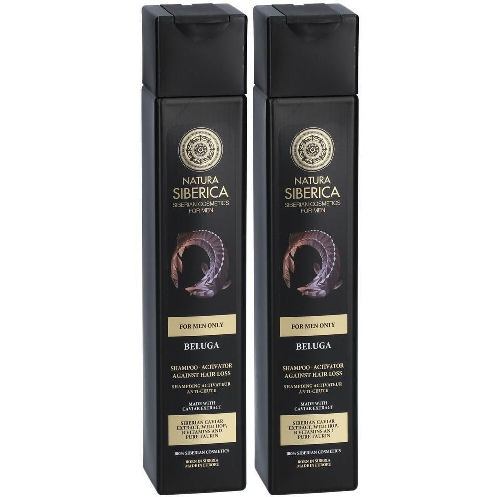 Deux flacons noirs de shampoing Natura Siberica Beluga pour hommes anti-chute.
