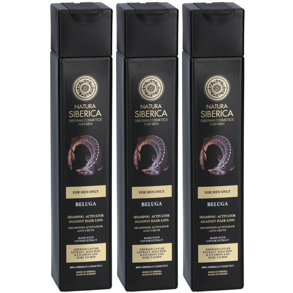 Trois flacons noirs de Shampooing Natura Siberica Beluga pour hommes. Pour hommes, activateur de shampooing anti-chute.
