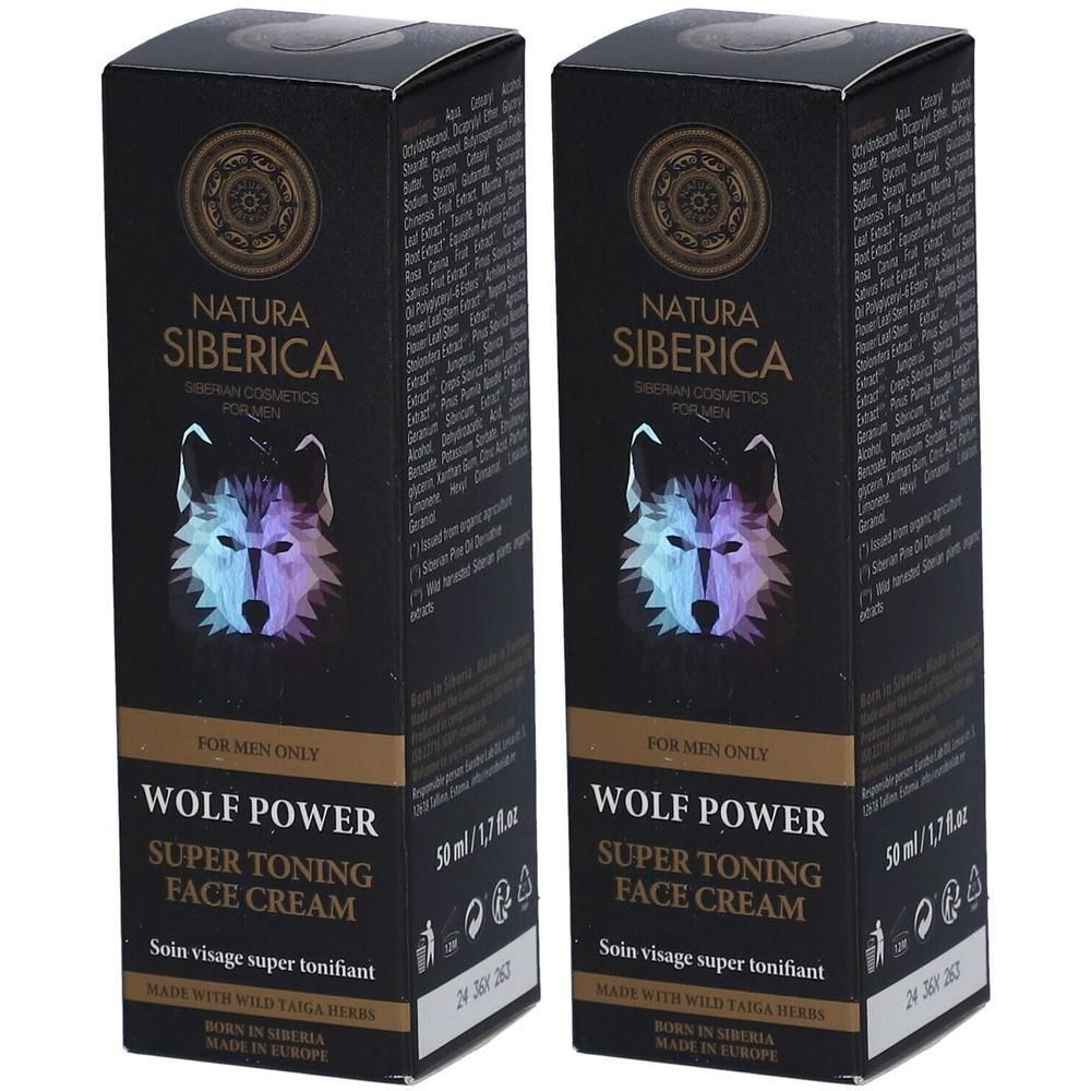 Deux boîtes de Natura Siberica Wolf Power Super Toning Face Cream pour hommes. Boîtes noires avec illustration de tête de loup.
