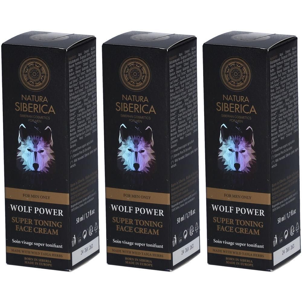 Drie verpakkingen Natura Siberica Wolf Power Super Toning Face Cream voor mannen.