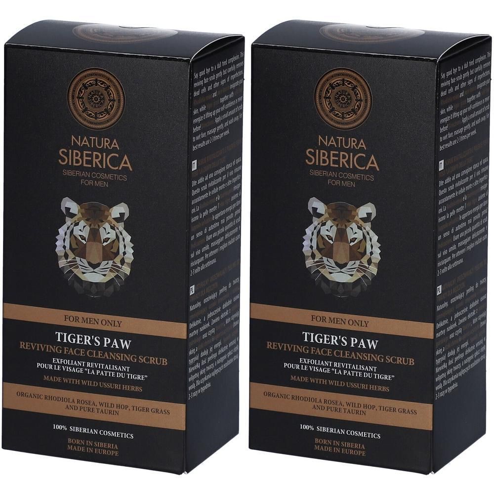 Twee dozen Natura Siberica "Tiger's Paw" gezichtsscrub voor mannen. Zwarte verpakking met tijgerkop-design.