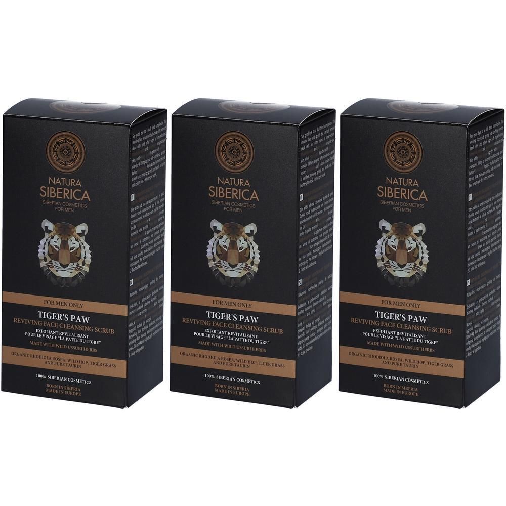 Drie doosjes Natura Siberica Tiger's Paw Gezichts Exfoliant.