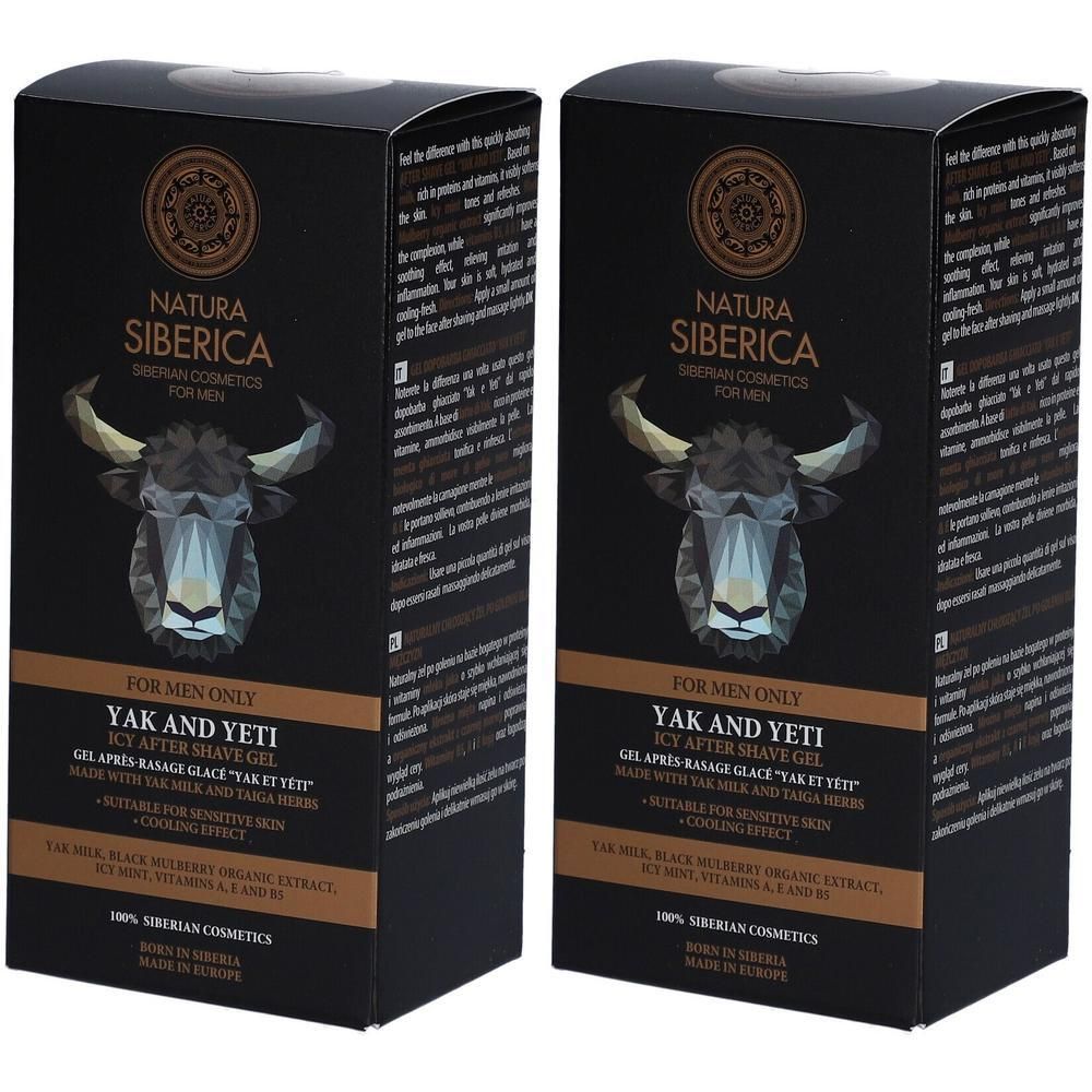 Natura Siberica Yak en Yeti Icy After Shave Gel voor mannen. Zwarte verpakking met yak-illustratie.