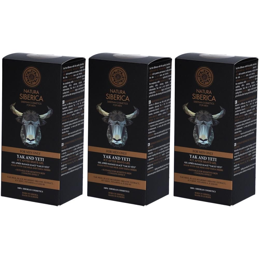 Drie dozen Natura Siberica Yak & Yeti Aftershave Gel met yak-afbeelding.