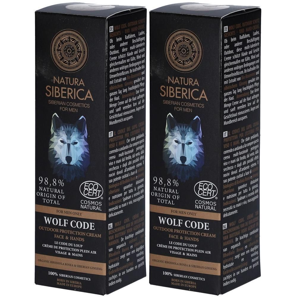 Twee verpakkingen Natura Siberica Wolf Code Outdoor Protection Cream voor Gezicht en Handen. 98,8% natuurlijke oorsprong.