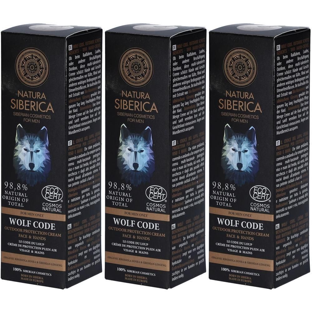 Trois boîtes Natura Siberica Wolf Code Crème de Protection Plein Air pour hommes. Image de loup et sceau ECO CERT.
