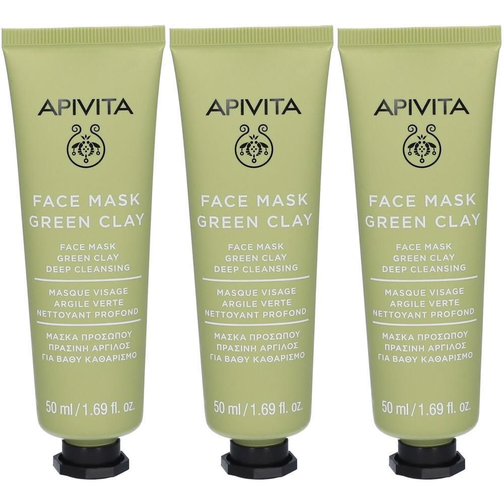 Drie groene tubes gezichtsmasker met groene klei van APIVITA, elk 50 ml.