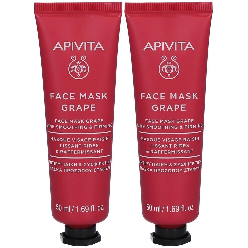Twee rode tubes Apivita Gezichtsmasker Druif, gladmakend en verstevigend, 50 ml per stuk.