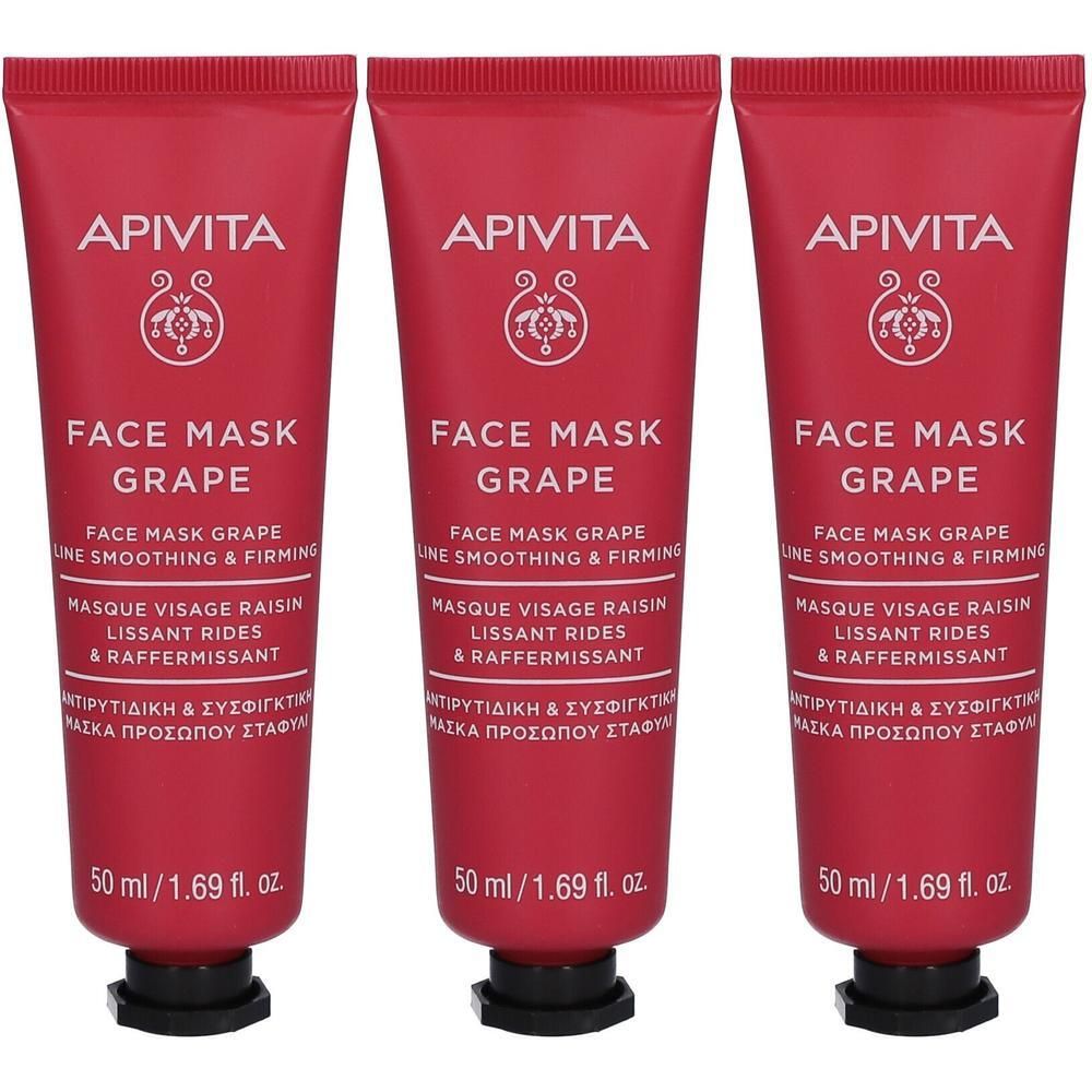 Drie rode tubes Apivita Gezichtsmasker Druif, gladmakend en verstevigend, 50 ml.