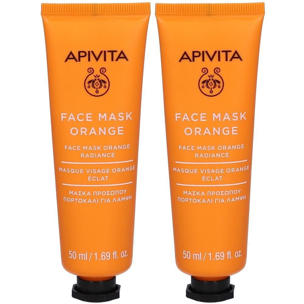 Twee oranje tubes Apivita Gezichtsmasker Orange, elk 50 ml.