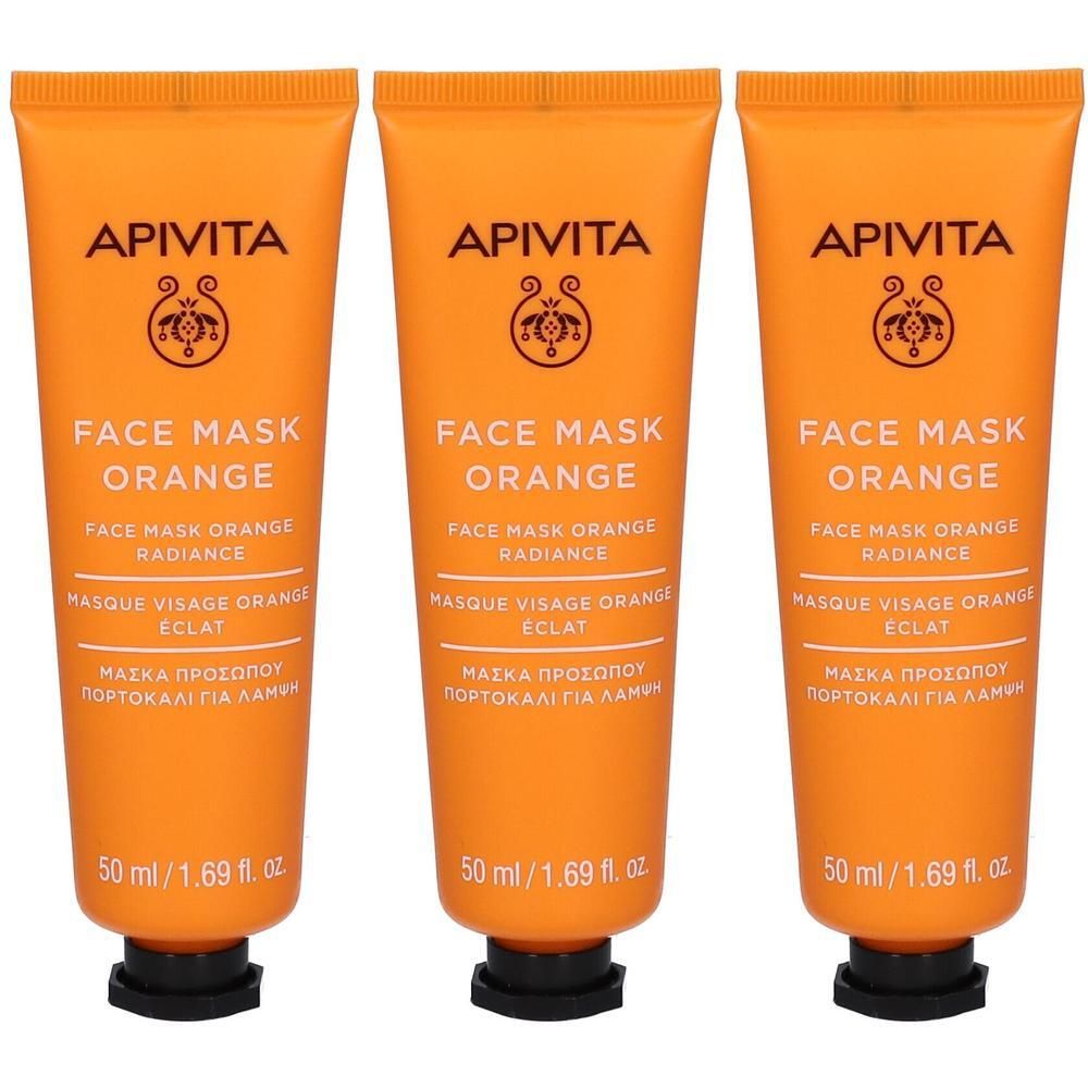 Trois tubes orange de masque visage Apivita Orange, 50 ml chacun.