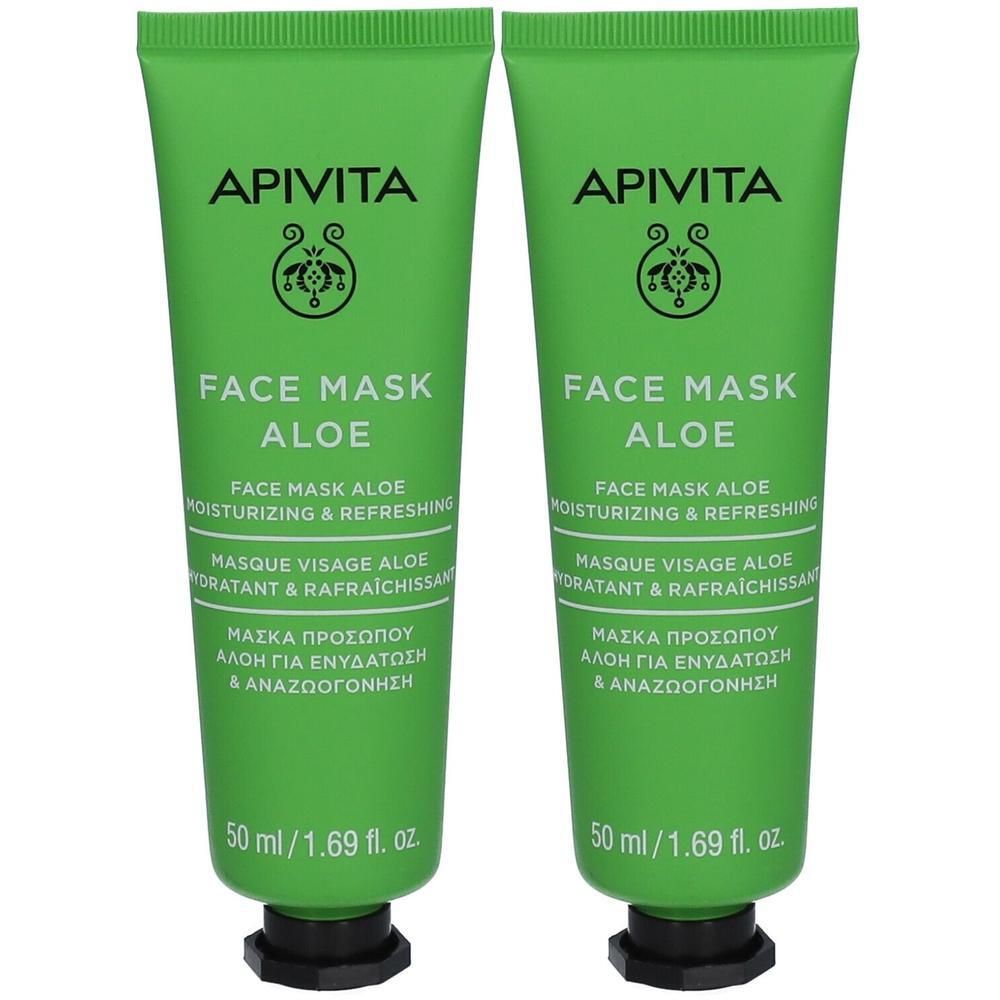 Deux tubes verts de Masque Visage Aloe Apivita, hydratant & rafraîchissant, 50 ml chacun.