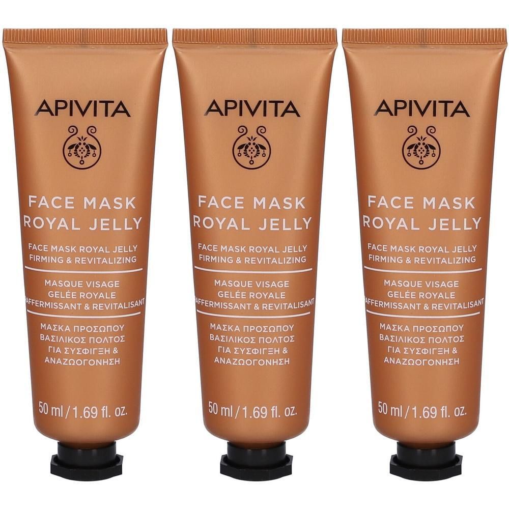 Trois tubes dorés de masque visage Apivita Gelée Royale, 50 ml.