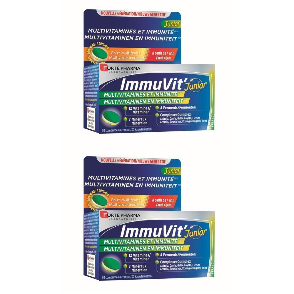 Deux boîtes de Forté Pharma Immuvit Junior, multivitamines et soutien immunitaire pour enfants.