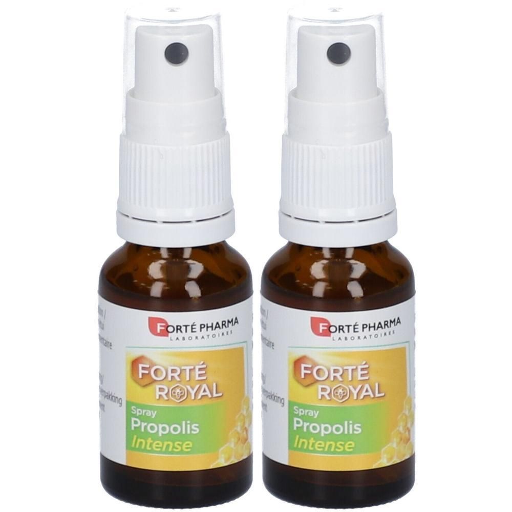 Twee flacons Forté Royal Propolis Intense Spray met spuitkop.