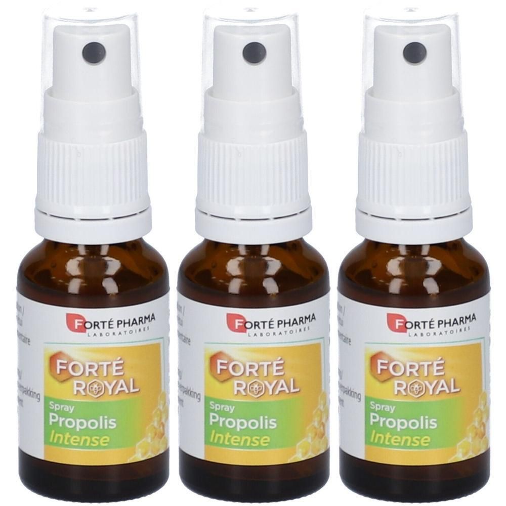 Trois flacons de spray Propolis Intense Forté Royal avec tête de pulvérisation.