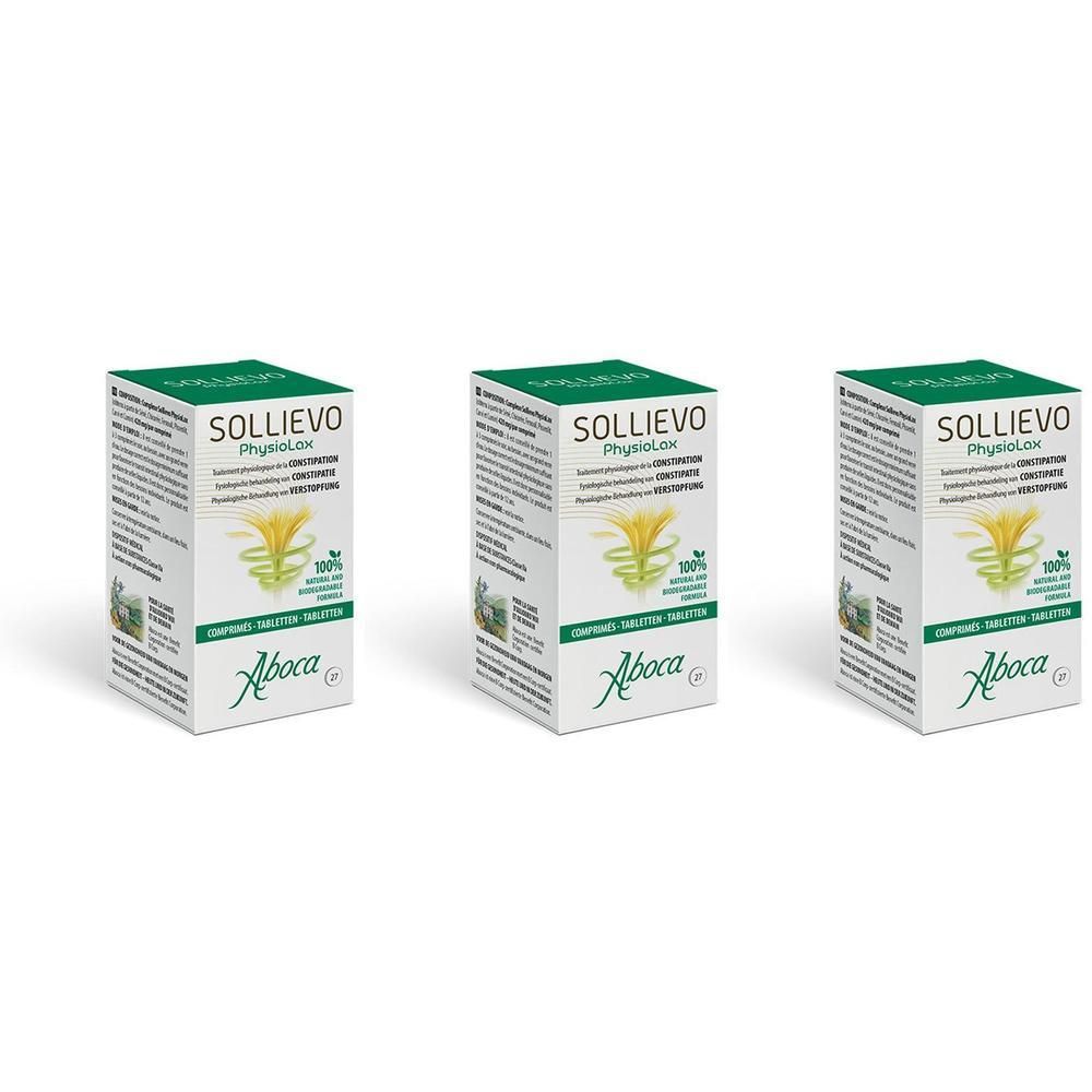Drie pakken Aboca Sollievo PhysioLax met gele bloem op de voorkant.