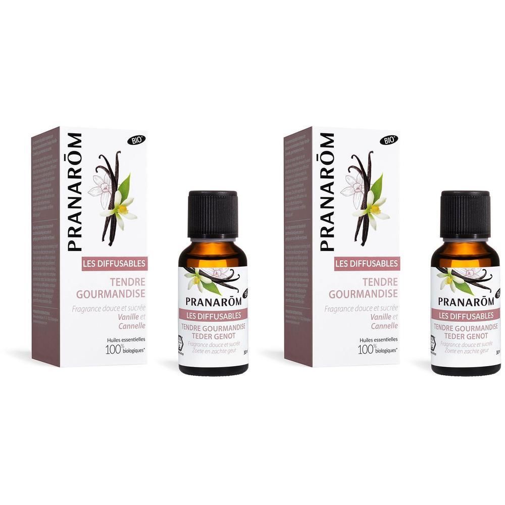 Deux flacons et boîtes Pranarôm Tendre Gourmandise, parfum vanille et cannelle. Certifié Bio.