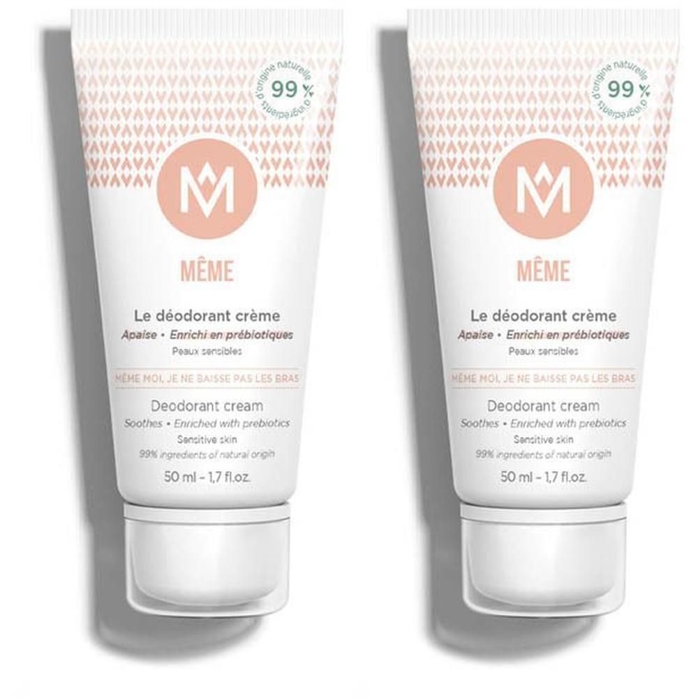 Twee tubes MÊME Deodorant Crème verrijkt met prebiotica.