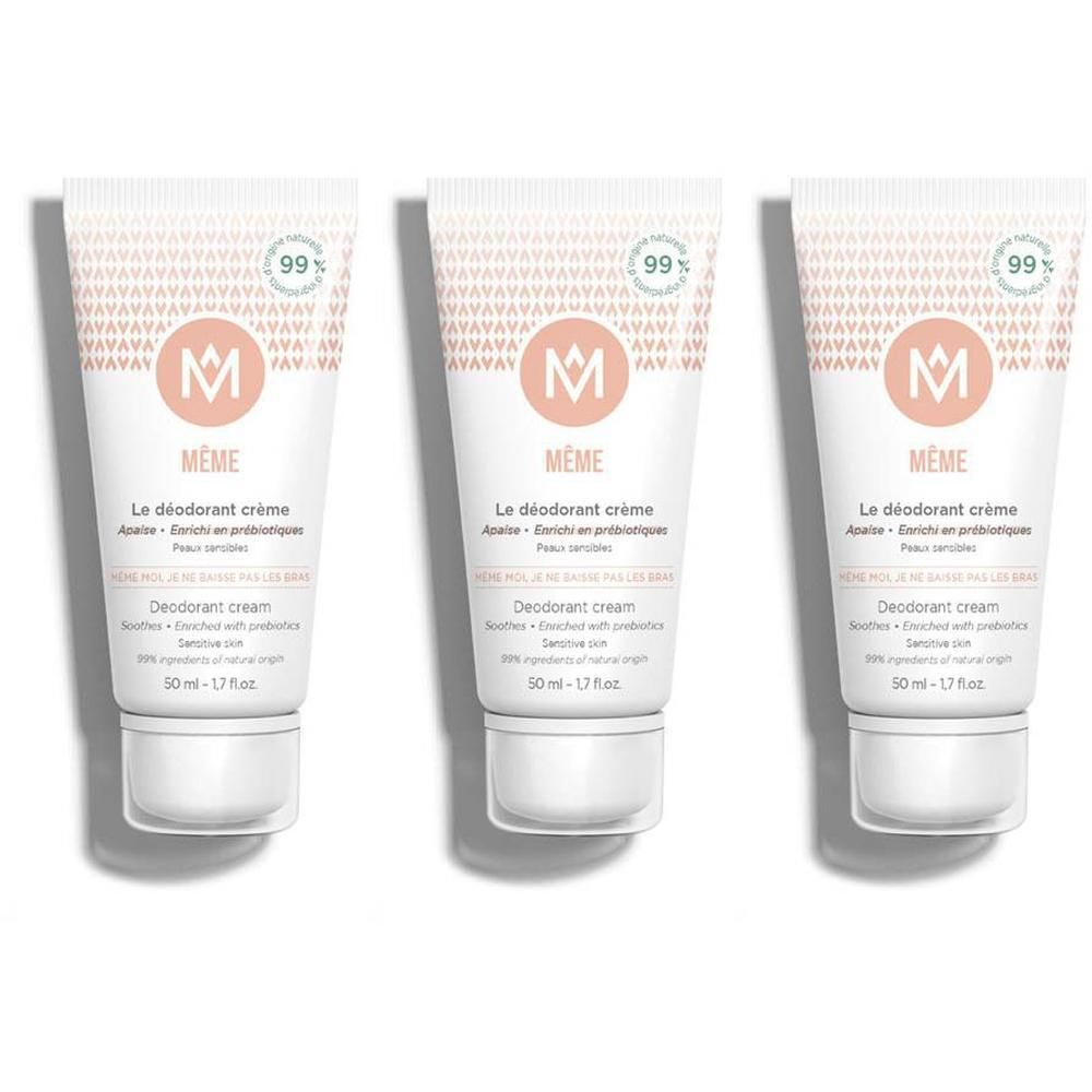 Trois tubes de crème déodorante avec logo "M" et motif.