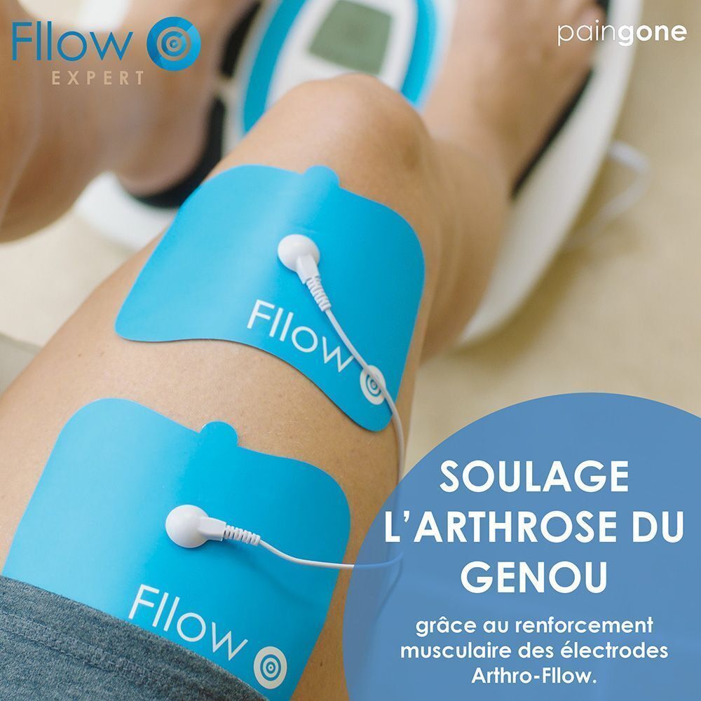 Deux électrodes bleues Paingone Fllow sur un genou, connectées à un appareil.